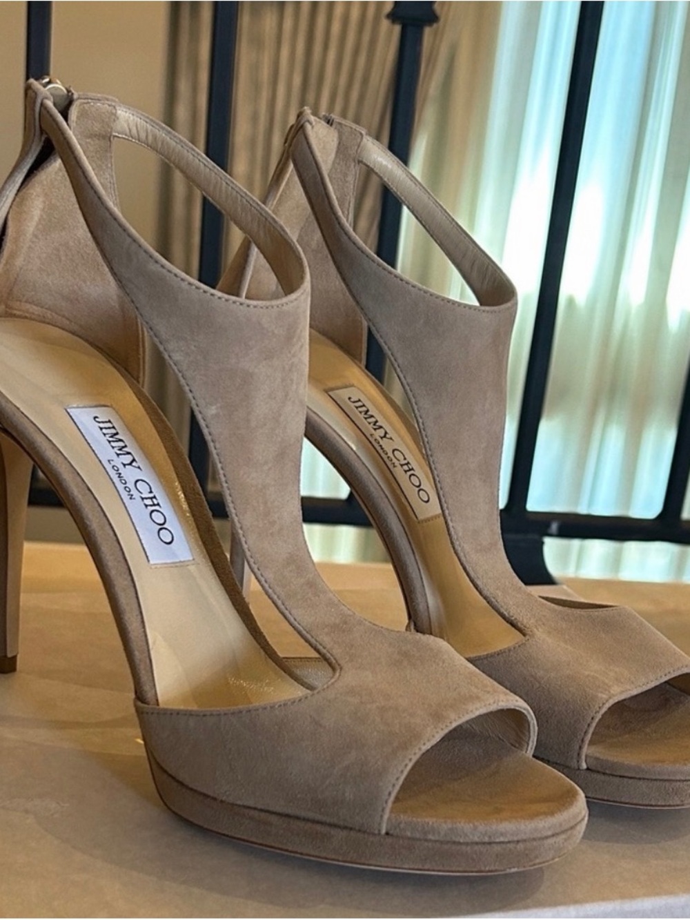 Jimmy Choo Taupe Suede Open-Toe Slingback Heels